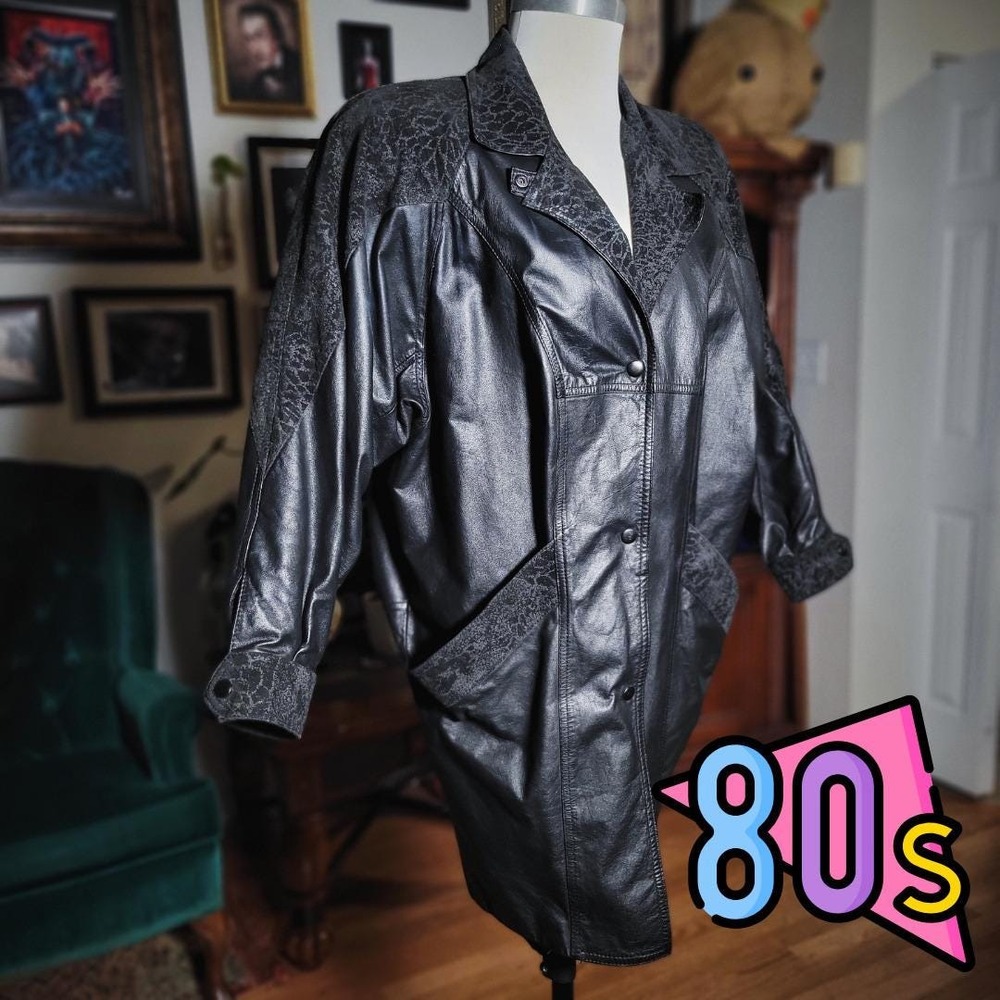 Vintage‎ 1980s Winlit Black Leather Coat Textured Oversized Statement Jacket S